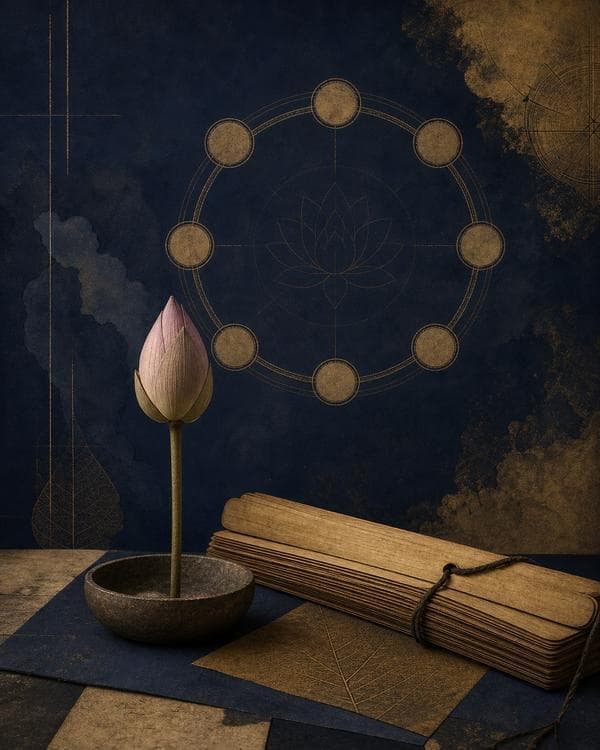 Symbolic archive illustration of a lotus, palm-leaf manuscript, and an eight-part circular path
