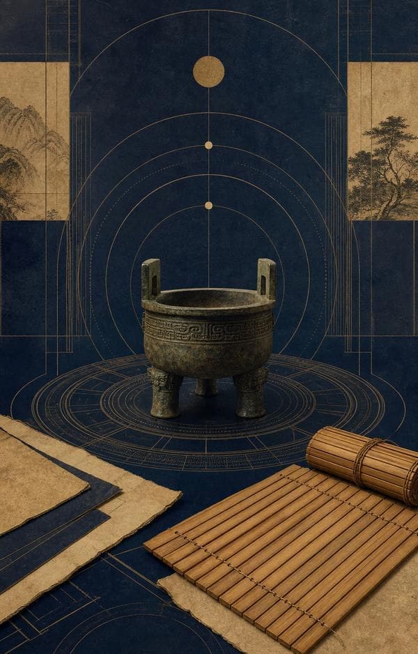 Symbolic archive illustration of ritual vessel, bamboo manuscripts, and ordered geometry for Confucianism