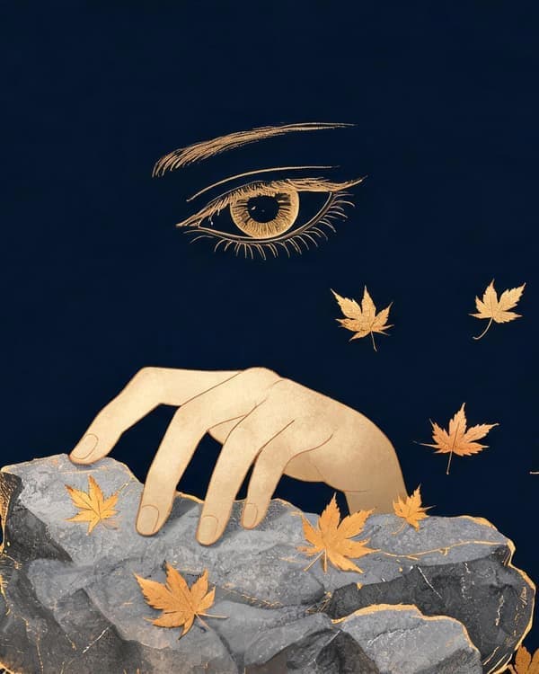 Symbolic archive illustration of an open eye, a hand touching textured stone, and autumn leaves suggesting gathered experience for empiricism