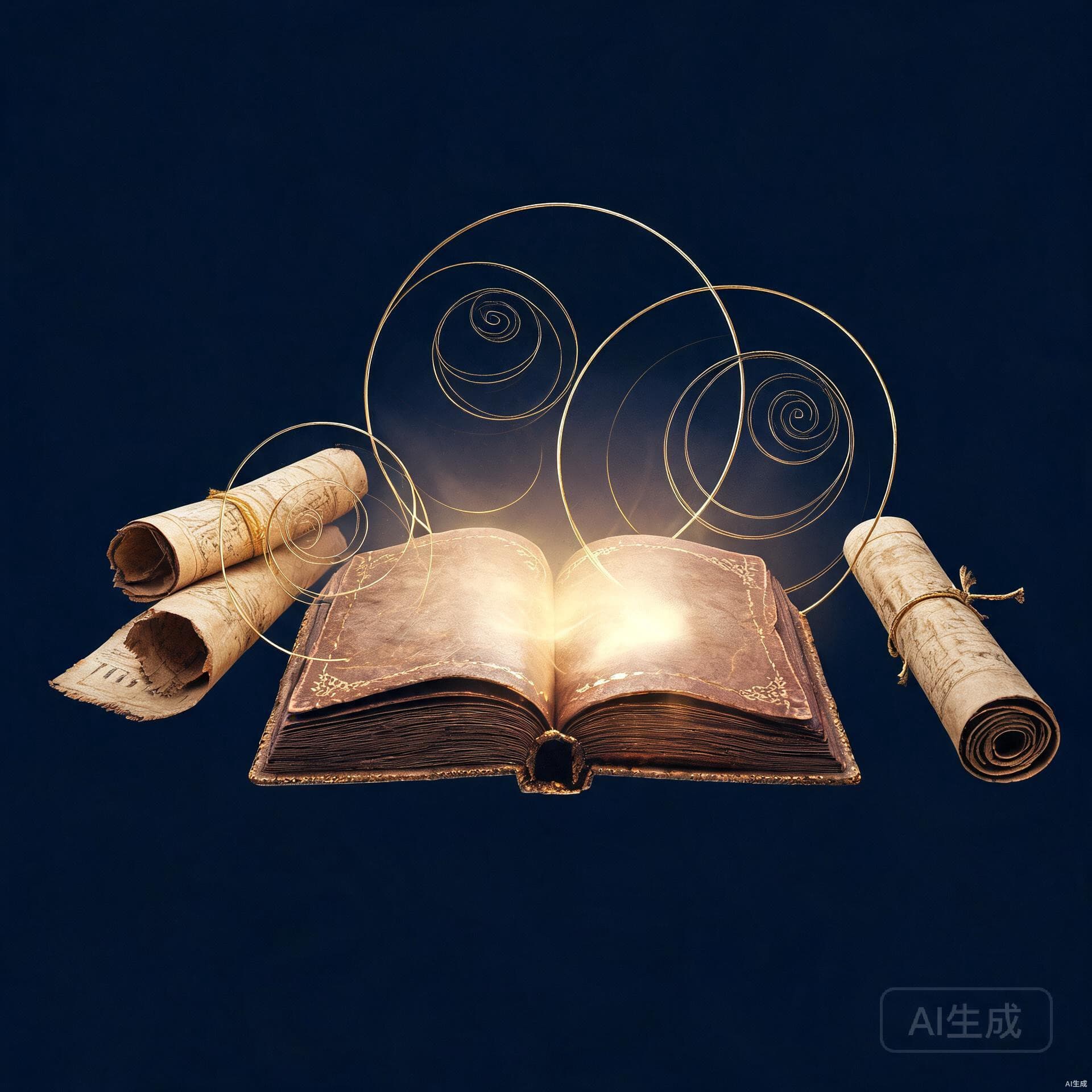 Symbolic illustration of the hermeneutic circle, texts, and interpretation in deep indigo and gold