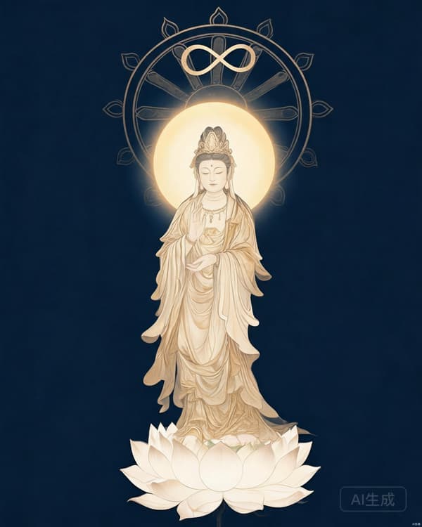 Symbolic archive illustration of a bodhisattva on a lotus with a halo of compassionate light
