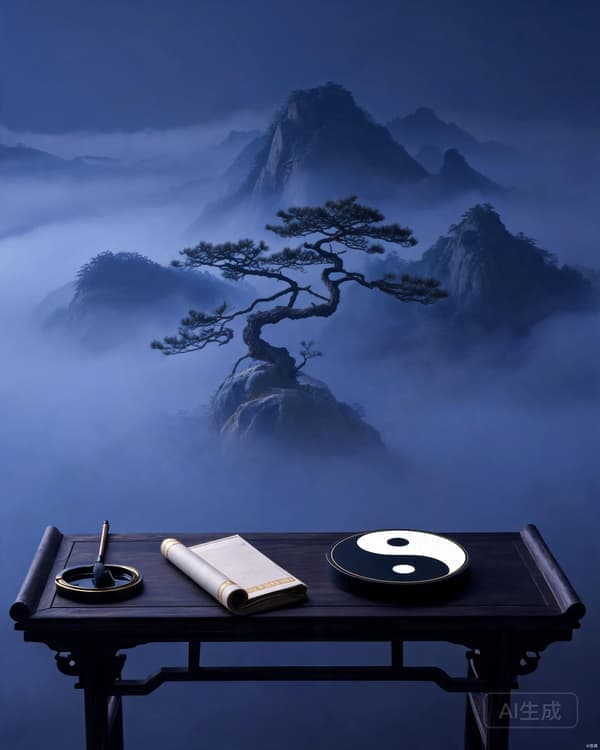 Symbolic archive illustration of a scholar's desk with brush, scroll, and a balanced disc among misty mountains