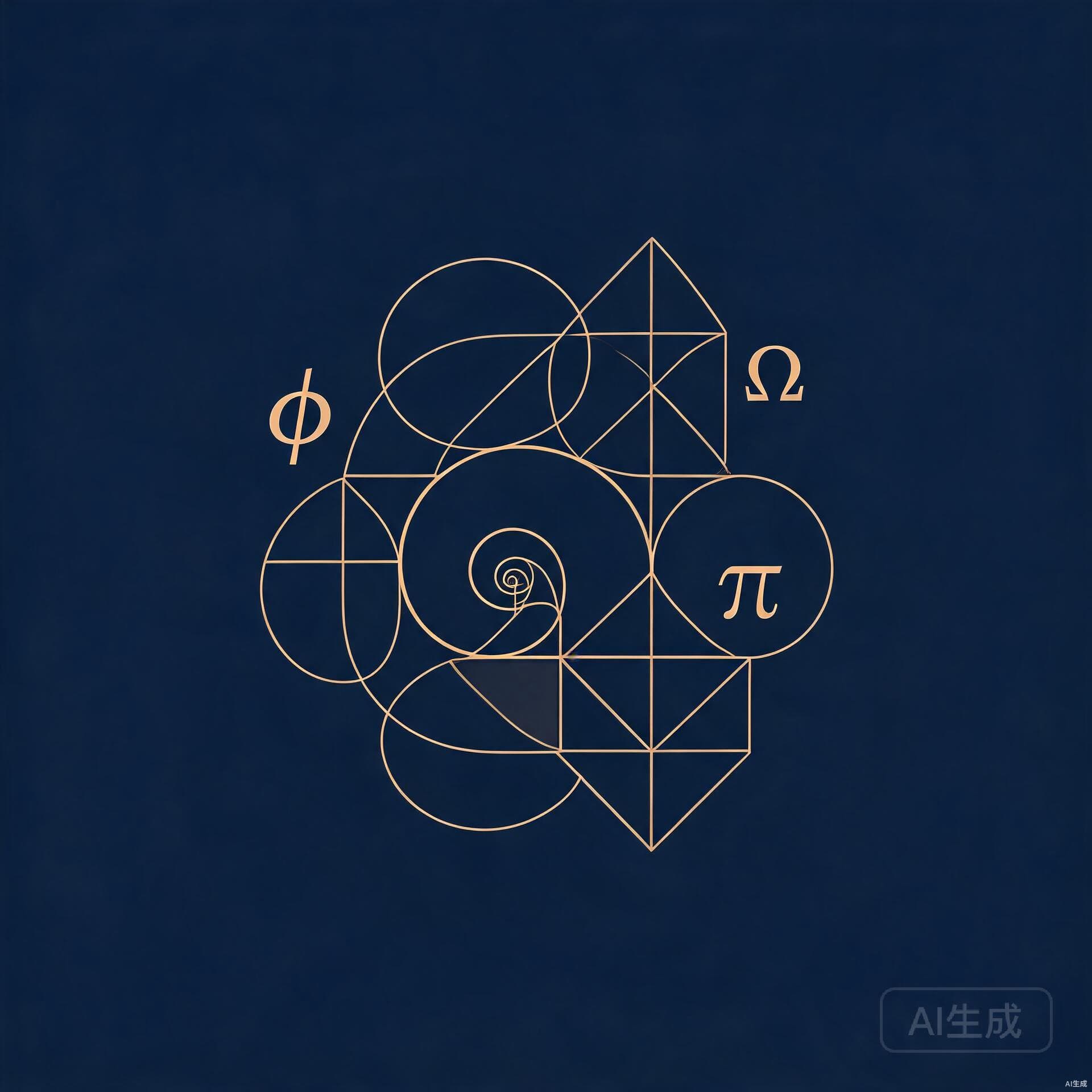 Symbolic illustration of mathematical forms, geometric patterns, and abstract numbers in deep indigo and gold