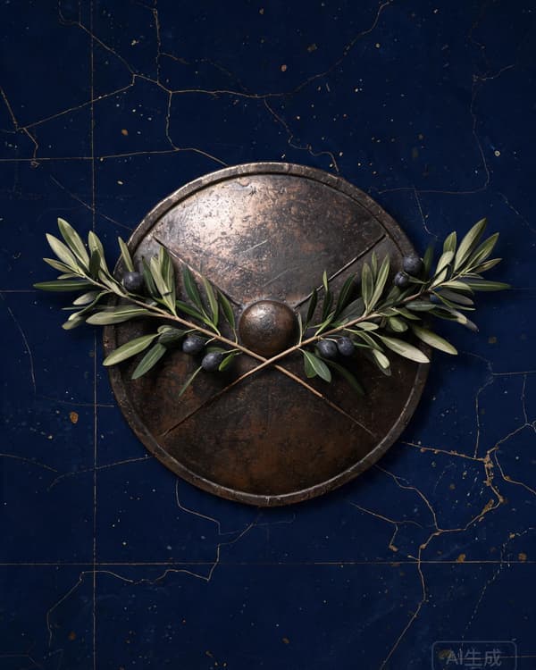 Symbolic illustration of philosophy of war — shield and olive branch