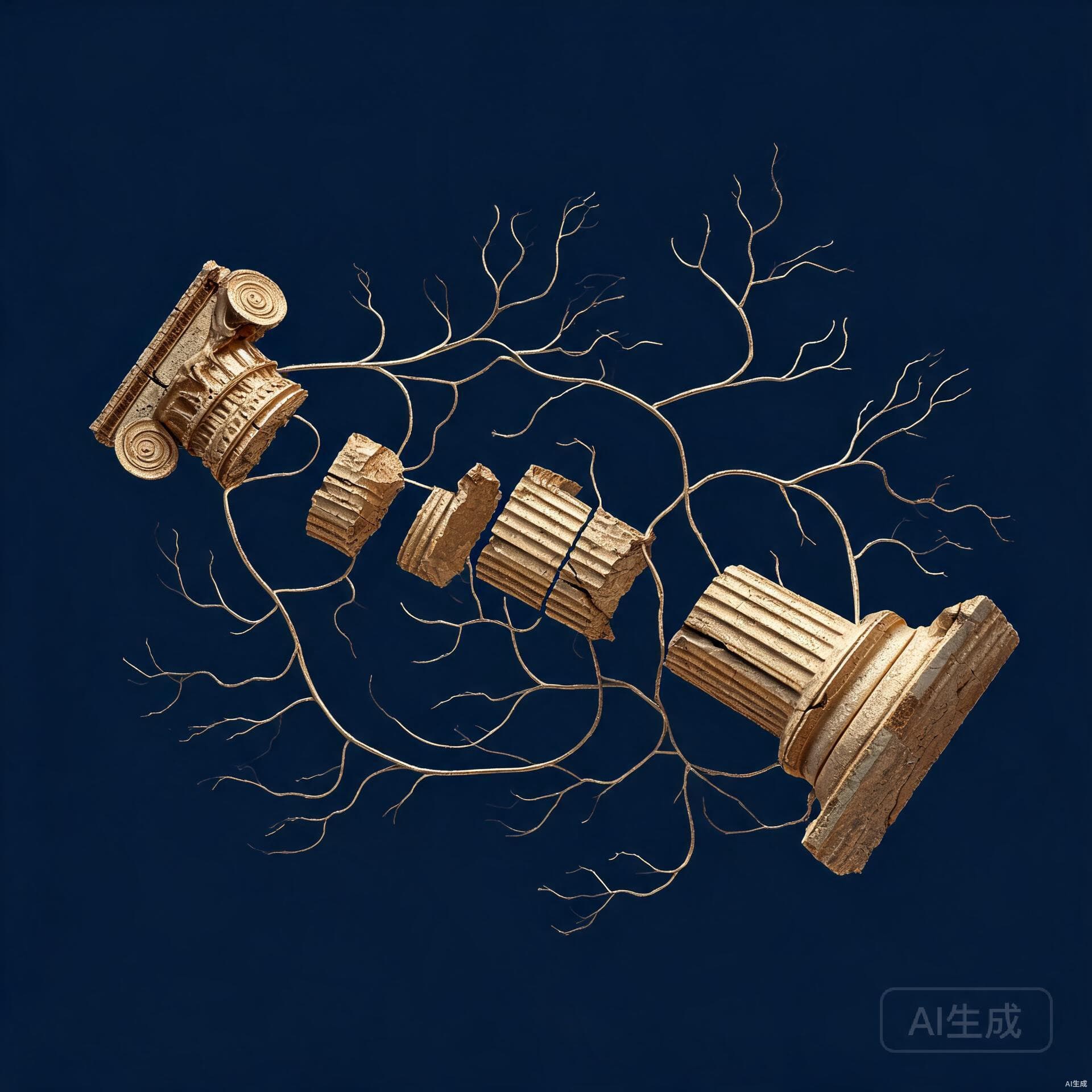 Symbolic illustration of deconstructed structures, fractured meanings, and flowing discourse in deep indigo and gold