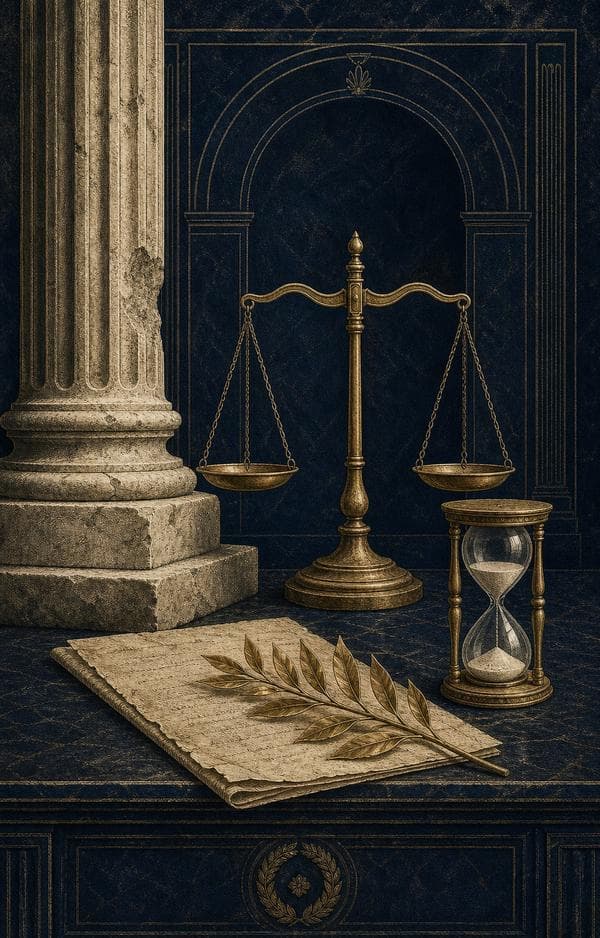 Symbolic archive illustration of a balanced scale, hourglass, column, and laurel branch