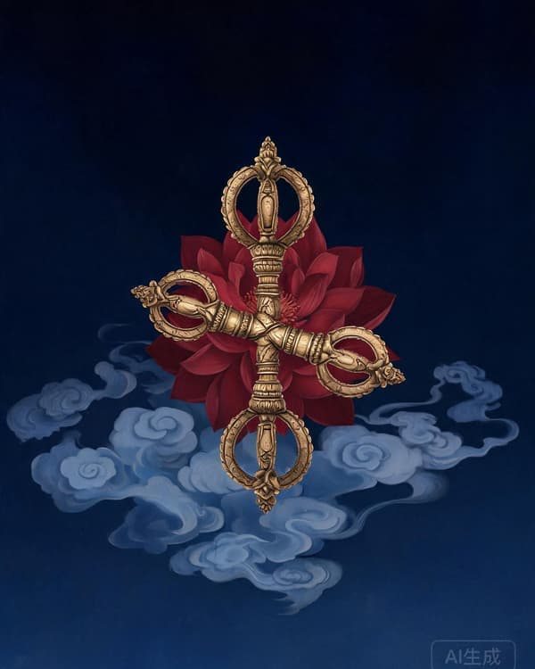 Symbolic archive illustration of a vajra (thunderbolt scepter) and a lotus on a dark indigo background with gold accents
