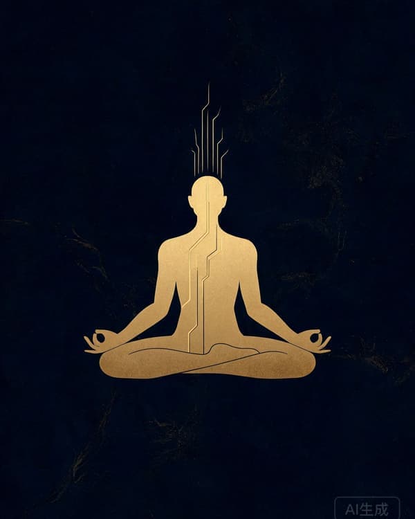 Symbolic archive illustration of a disciplined seated figure at dawn, with a still mind suggested by a calm horizon line