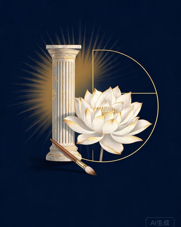 Symbolic illustration of a classical column beside a blooming flower, a painter's brush, and a golden ratio spiral, rendered in deep indigo and gold tones