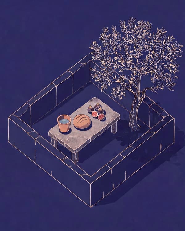 Symbolic archive illustration of a serene walled garden with a stone bench, clay cup, bread, and figs under an olive tree