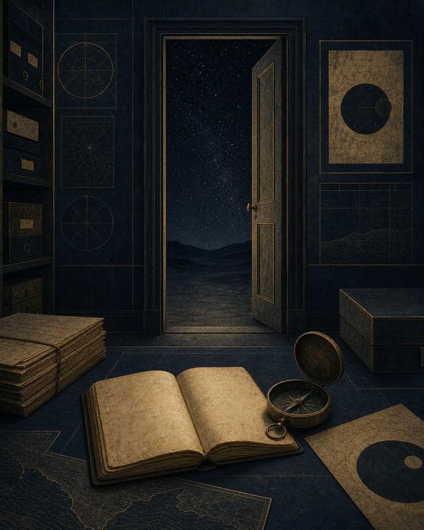 Symbolic archive illustration of an open doorway, notebook, and compass beneath a starry night