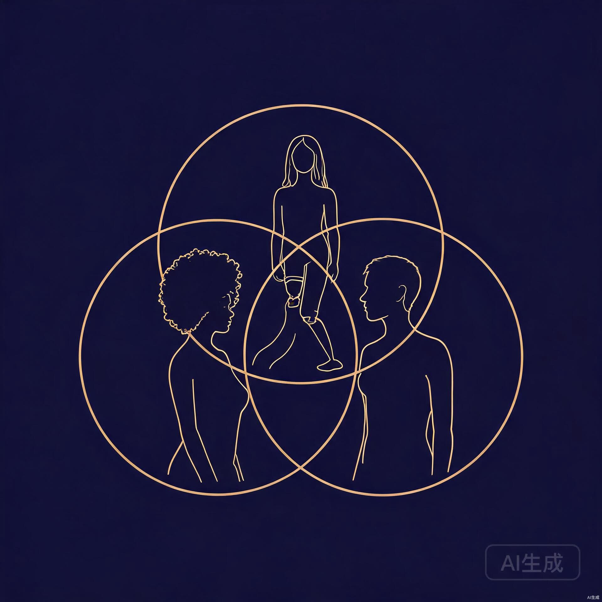 Symbolic illustration of interlocking circles representing equality and intersectionality in deep indigo and gold