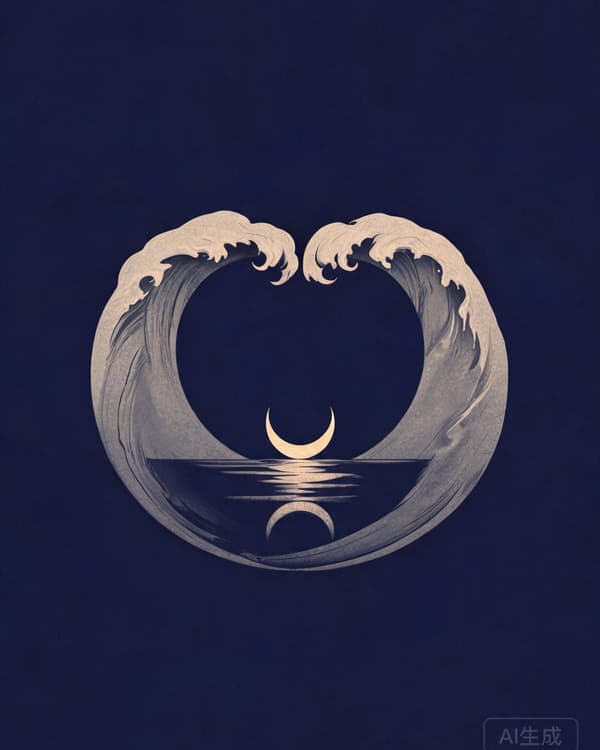 Symbolic archive illustration of a single moon reflected in a still pond, dissolving the boundary between subject and object