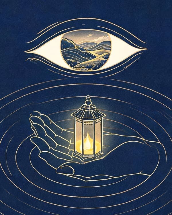 Symbolic archive illustration of an eye reflecting a landscape, a lantern, an open hand, and concentric ripples for phenomenology