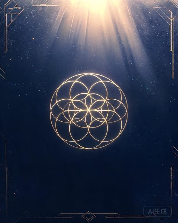 Symbolic archive illustration of a radiant geometric light descending through concentric spheres into darkness, evoking the classical arguments for the divine
