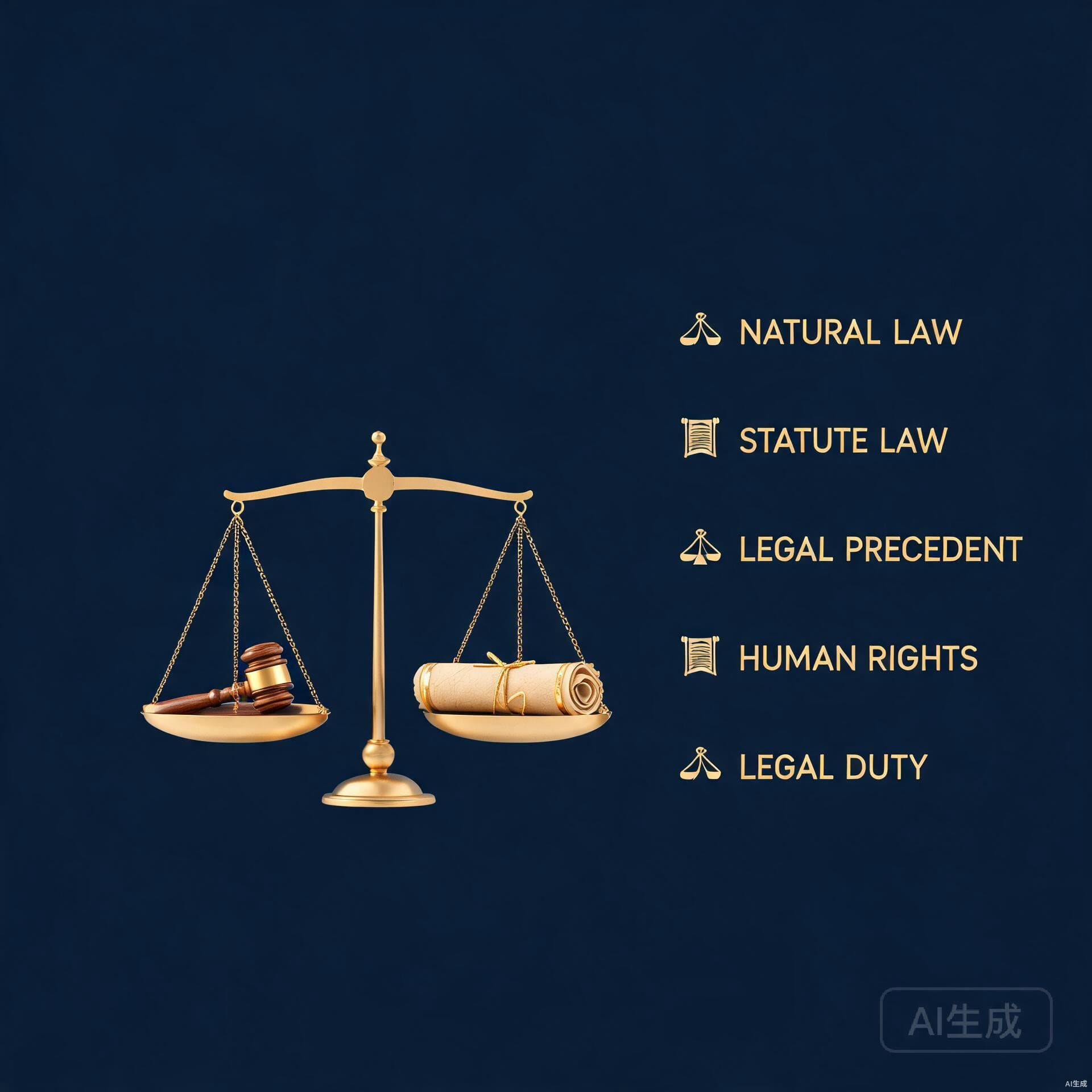 Symbolic illustration of scales of justice with a gavel and scroll in deep indigo and gold