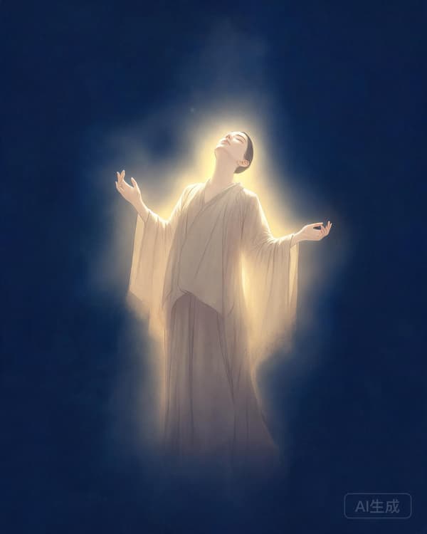 Symbolic archive illustration of a solitary figure standing in a shaft of transcendent light breaking through a cathedral-like space, evoking the encounter with the divine