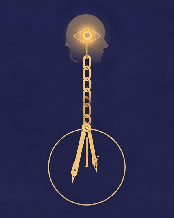 Symbolic archive illustration of a geometric compass, a deductive chain of light, and a mind illuminated by reason for rationalism
