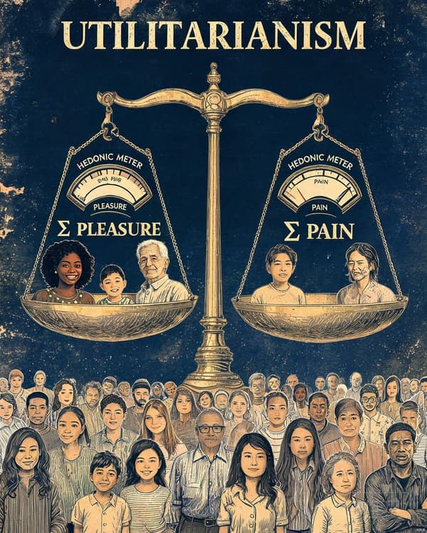 Symbolic illustration of a balance scale measuring human happiness, with deep indigo and gold tones and figures representing pleasure and pain weighed against one another