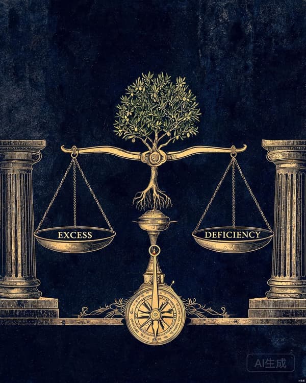 Symbolic illustration of a golden mean balance scale flanked by virtue and vice, rendered in deep indigo and gold tones with a classical column motif