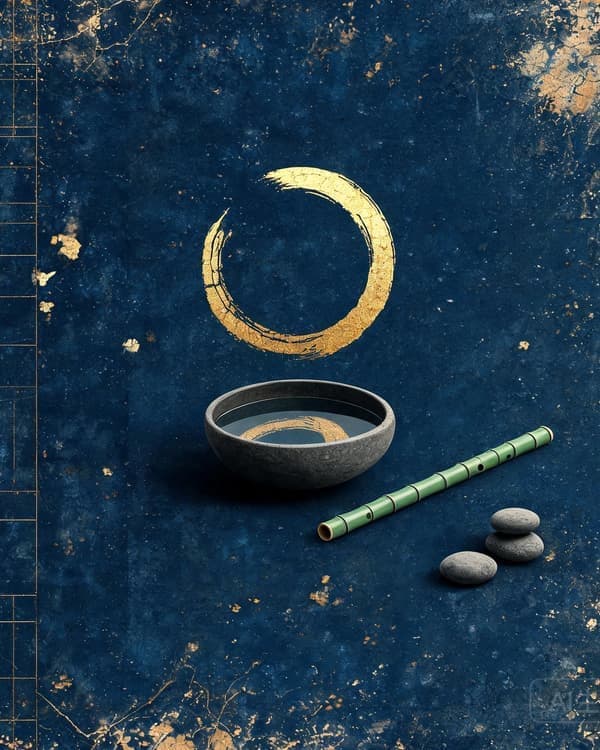 Symbolic archive illustration of a brushed enso circle in gold, a stone bowl with still water, bamboo, and river stones for Zen philosophy