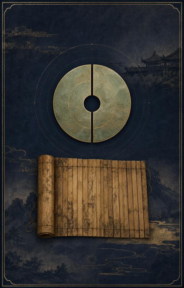 Symbolic archive illustration of bamboo manuscripts and a jade disc for Chinese philosophy