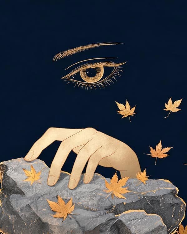 Symbolic archive illustration of an open eye, a hand touching textured stone, and autumn leaves suggesting gathered experience for empiricism