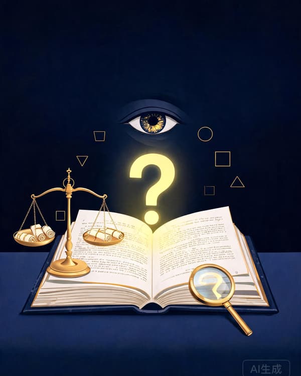 Symbolic illustration of an eye examining a question mark above an open book, with a balance scale weighing evidence, rendered in deep indigo and gold tones