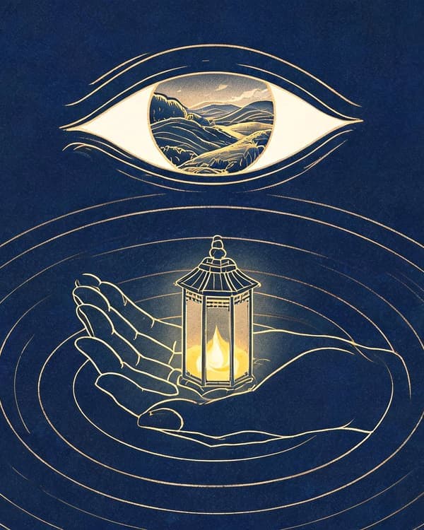 Symbolic archive illustration of an eye reflecting a landscape, a lantern, an open hand, and concentric ripples for phenomenology
