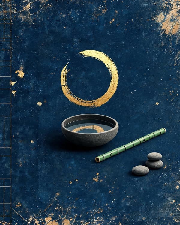Symbolic archive illustration of a brushed enso circle in gold, a stone bowl with still water, bamboo, and river stones for Zen philosophy